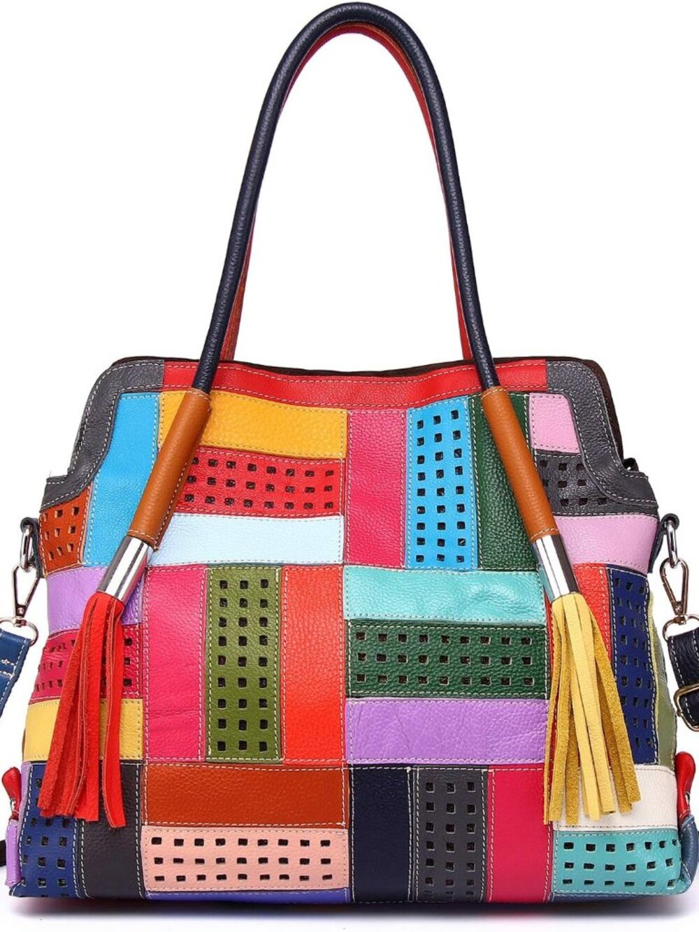 Women Genuine Leather Tote Multicolour Patchwork Hollow Shoulder Handbag Purses